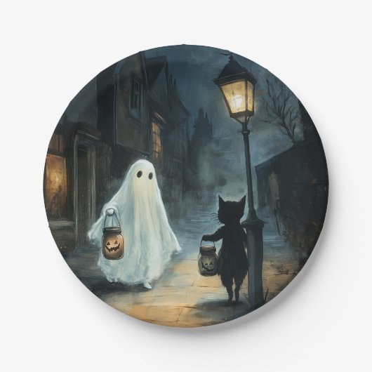 Halloween Ghost & Cat Ontmoeting Papieren Bordje (Voorkant)