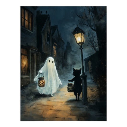 Halloween Ghost & Cat Ontmoeting Perfect Poster (Voorkant)