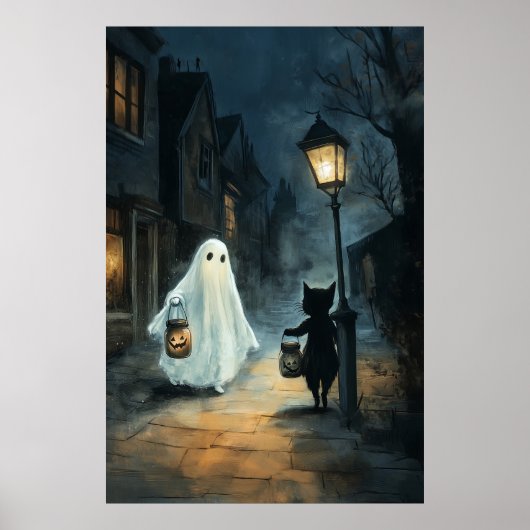Halloween Ghost & Cat Ontmoeting Poster (Voorkant)