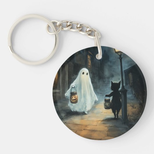 Halloween Ghost & Cat Ontmoeting Sleutelhanger (Voorkant)