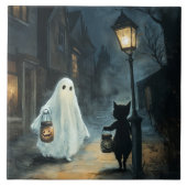 Halloween Ghost & Cat Ontmoeting Tegeltje (Voorkant)