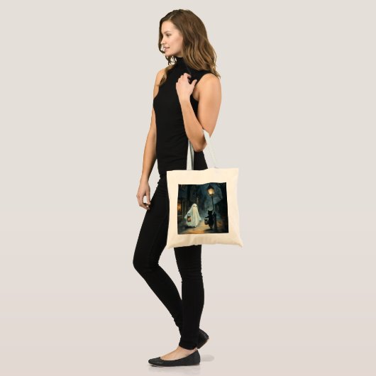 Halloween Ghost & Cat Ontmoeting Tote Bag (Voorkant (model))