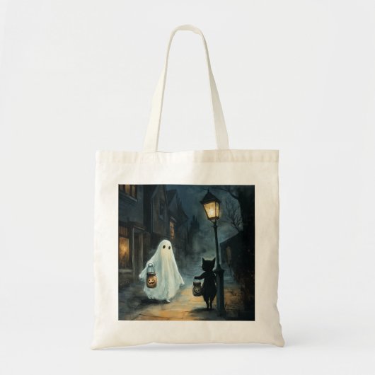 Halloween Ghost & Cat Ontmoeting Tote Bag (Voorkant)