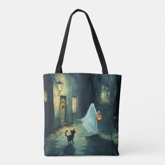 Halloween Ghost & Cat Ontmoeting Tote Bag (Achterkant)
