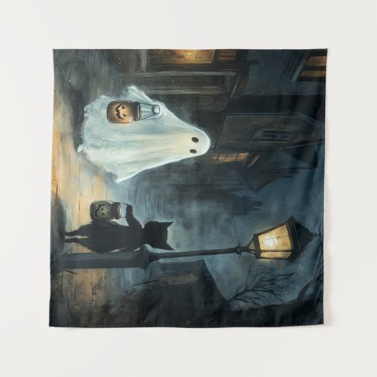 Halloween Ghost & Cat Ontmoeting Wandkleed (Voorkant (horizontaal))