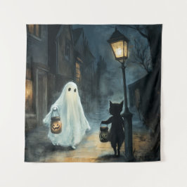 Halloween Ghost & Cat Ontmoeting Wandkleed