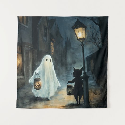 Halloween Ghost & Cat Ontmoeting Wandkleed (Voorkant)