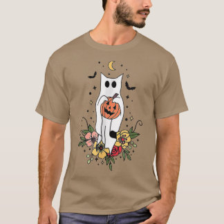 Halloween Ghost Cat Scary Pumpkin Floral Cat Lover T-shirt
