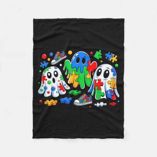 Halloween Ghost Colorful Puzzle Ribbon Autism Awar Fleece Deken (Voorkant)
