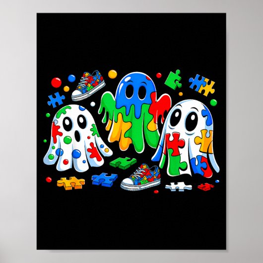 Halloween Ghost Colorful Puzzle Ribbon Autism Awar Poster (Voorkant)