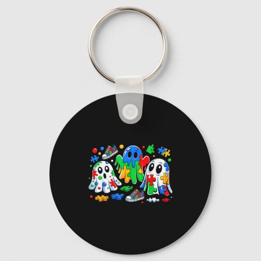 Halloween Ghost Colorful Puzzle Ribbon Autism Awar Sleutelhanger (Voorkant)