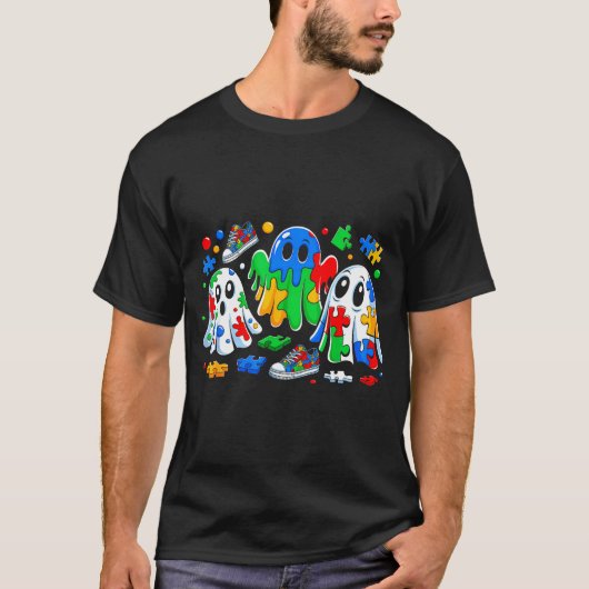 Halloween Ghost Colorful Puzzle Ribbon Autism Awar T-shirt (Voorkant)