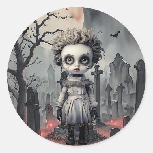 Halloween Ghost Doll op het kerkhof Ronde Sticker (Voorkant)