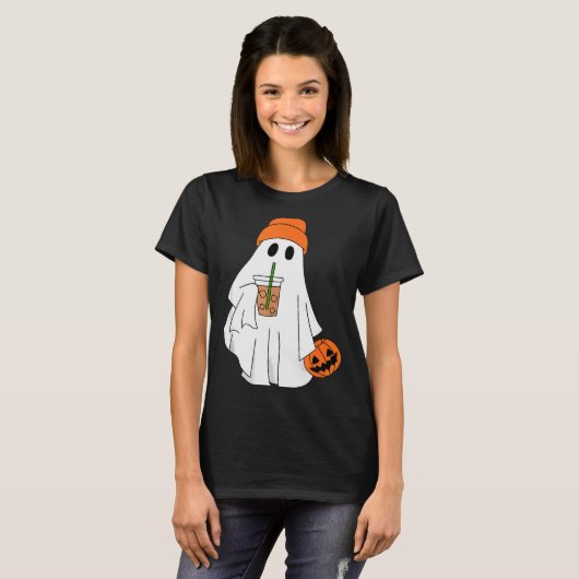 Halloween Ghost Drinking Coffee Ghost Ice Coffee M T-shirt (Voorkant volledig)
