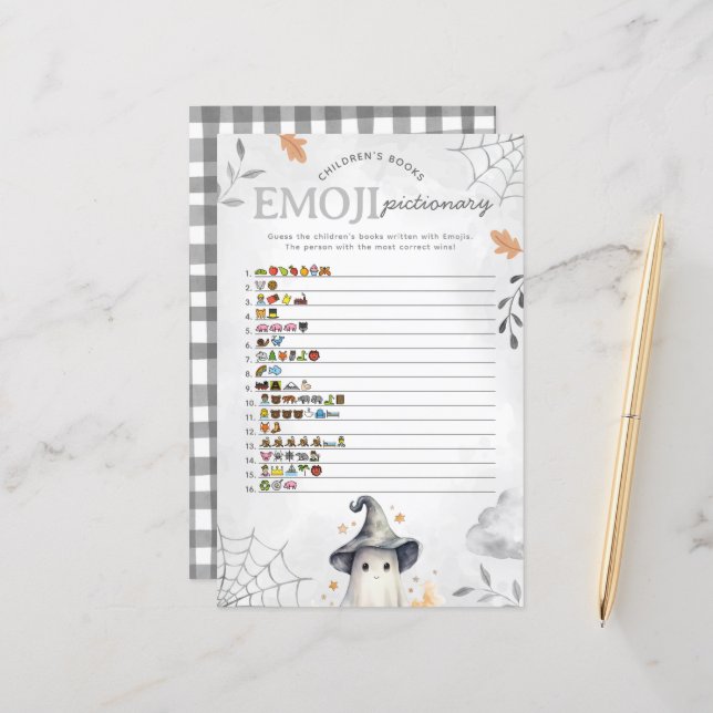 Halloween Ghost Emoji Pictionary Baby shower spel (Voorkant / Achterkant in situ)