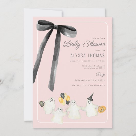 Halloween Ghost en Black Bow Baby shower voor meis Kaart (Voorkant)