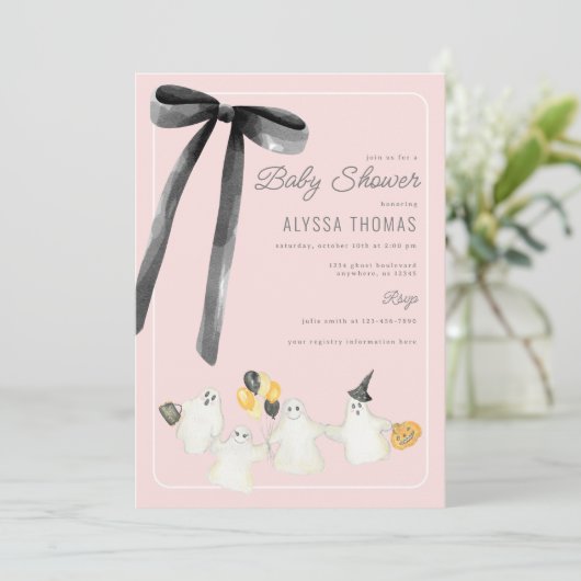 Halloween Ghost en Black Bow Baby shower voor meis Kaart (Staand voorkant)