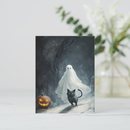 Halloween Ghost en Black Cat Briefkaart (Staand voorkant)