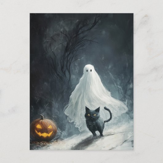 Halloween Ghost en Black Cat Briefkaart (Voorkant)
