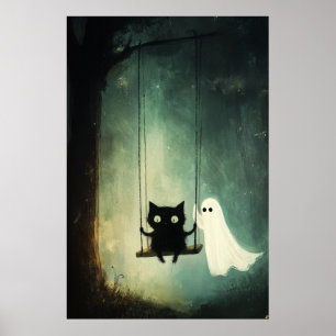 Halloween Ghost en Black Cat op een schommel Poster