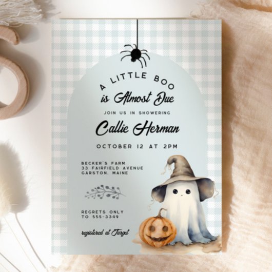 Halloween Ghost Gingham Little Boo Baby shower Kaart