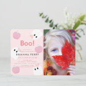 Halloween Ghost Girl Pumpkin Pink Foto Verjaardag Kaart (Staand voorkant)