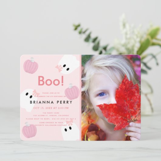 Halloween Ghost Girl Pumpkin Pink Foto Verjaardag Kaart (Staand voorkant)
