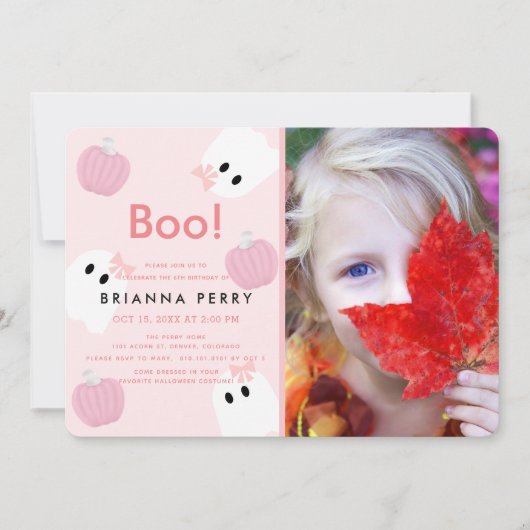 Halloween Ghost Girl Pumpkin Pink Foto Verjaardag Kaart (Voorkant)