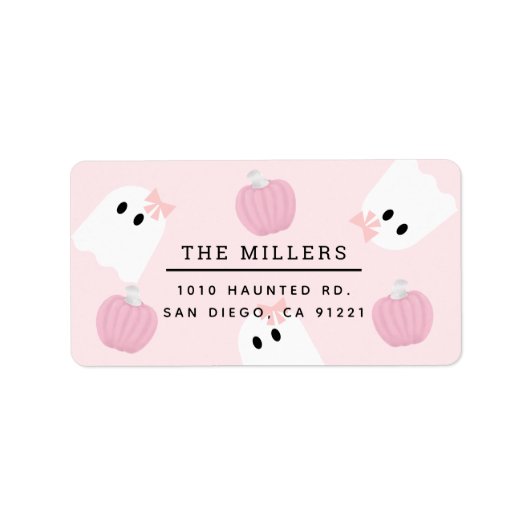Halloween Ghost GIrl & Pumpkin Roze Adres Etiket (Voorkant)