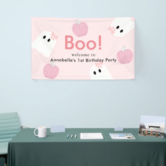 Halloween Ghost Girl Pumpkin Roze Verjaardag Welko Spandoek (Beurs)