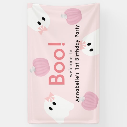 Halloween Ghost Girl Pumpkin Roze Verjaardag Welko Spandoek (Verticaal)