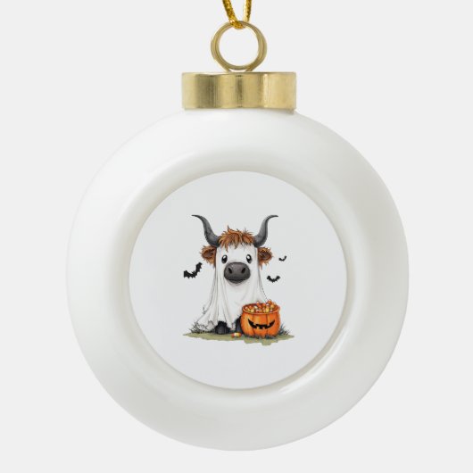 Halloween Ghost Highland Koe PNG Keramische Bal Ornament (Voorkant)