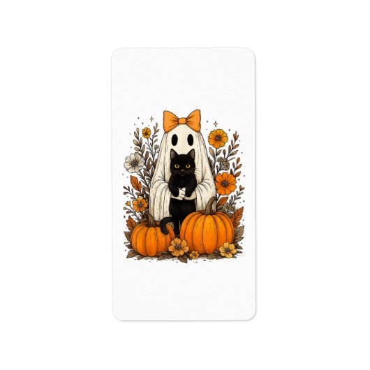 Halloween Ghost Holding Black Cat Etiket (Voorkant)