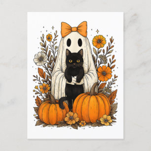 Halloween Ghost Holding Black Cat Feestdagenkaart