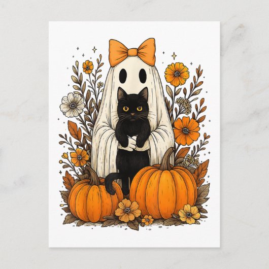 Halloween Ghost Holding Black Cat Feestdagenkaart (Voorkant)