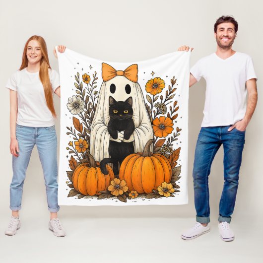 Halloween Ghost Holding Black Cat Fleece Deken (In situ)