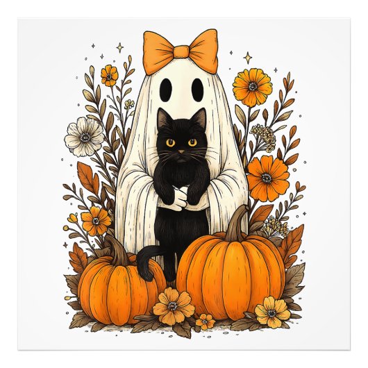 Halloween Ghost Holding Black Cat Foto Afdruk (Voorkant)