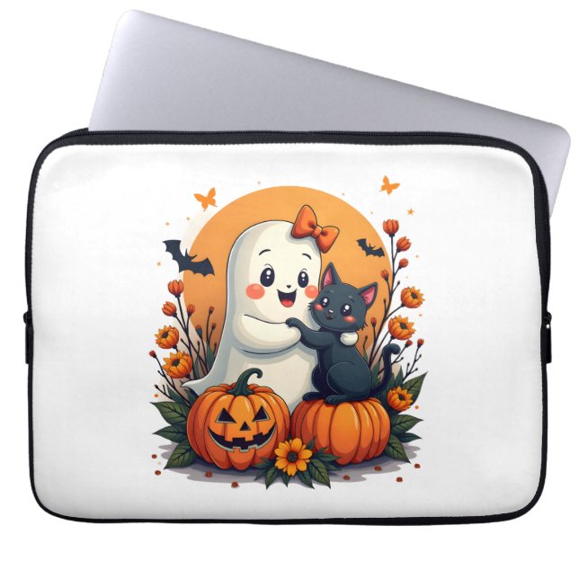  Halloween Ghost Holding Black Cat Groovy F Laptop Sleeve (Voorkant)