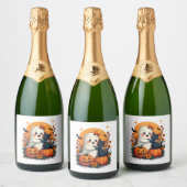 Halloween Ghost Holding Black Cat Groovy F Sparkling Wijnetiket (Flessen)