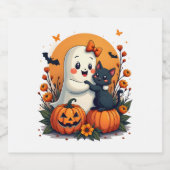 Halloween Ghost Holding Black Cat Groovy F Sparkling Wijnetiket (Enkel label)