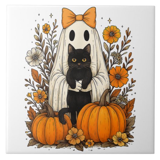 Halloween Ghost Holding Black Cat Tegeltje (Voorkant)