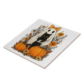 Halloween Ghost Holding Black Cat Tegeltje (Zijkant)