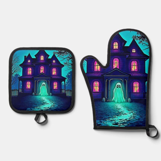 Halloween Ghost House ontwerp Ovenwant & Pannenlap Set (Voorkant)