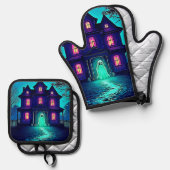 Halloween Ghost House ontwerp Ovenwant & Pannenlap Set (Voorkant / Achterkant)