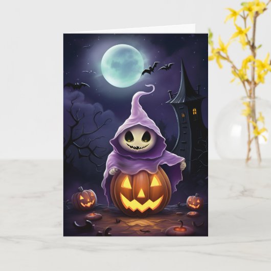 Halloween Ghost Illustratie Kaart (Gele Bloem)