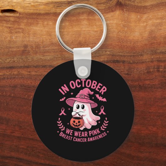 Halloween Ghost In October We Wear Nk Breast Cance Sleutelhanger (Voorkant)