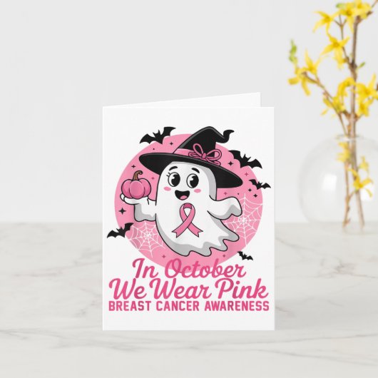Halloween Ghost In Oktober Draag We NK Borstkanker Kaart (Gele Bloem)