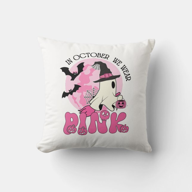 Halloween Ghost In oktober Draag we roze Kussen (Voorkant)