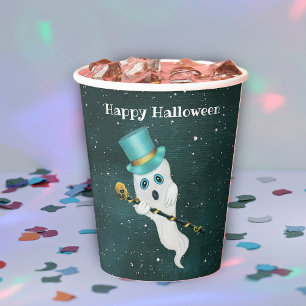 Halloween Ghost in Top Hat Gekke Gezicht Gouden Sc Papieren Bekers