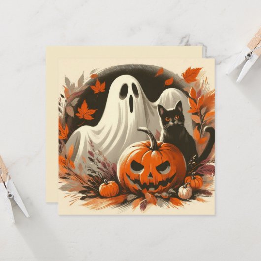 Halloween Ghost, Jack-'o-lantaarn en Black Cat Kaart (Voorkant / Achterkant in situ)